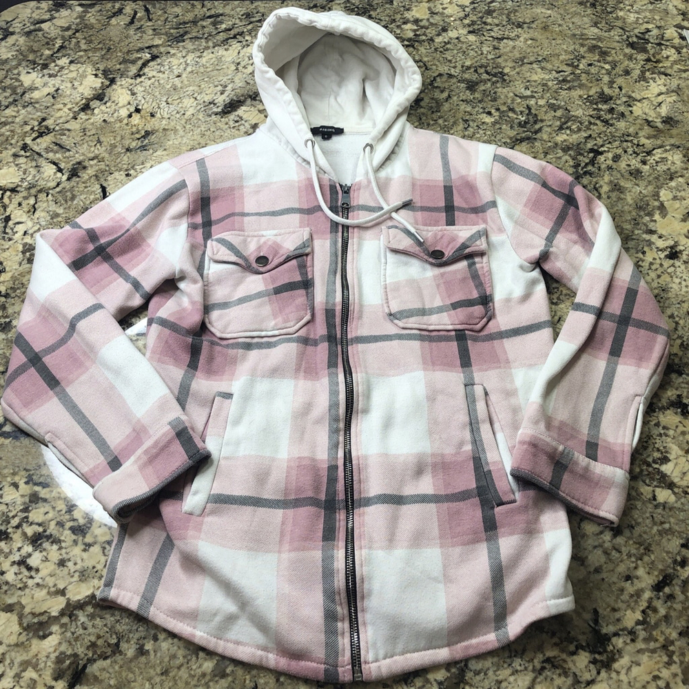 Size Small Rising Women’s Zip Up Sweater Pink Plaid 4 Pockets Hooded Comfy PK